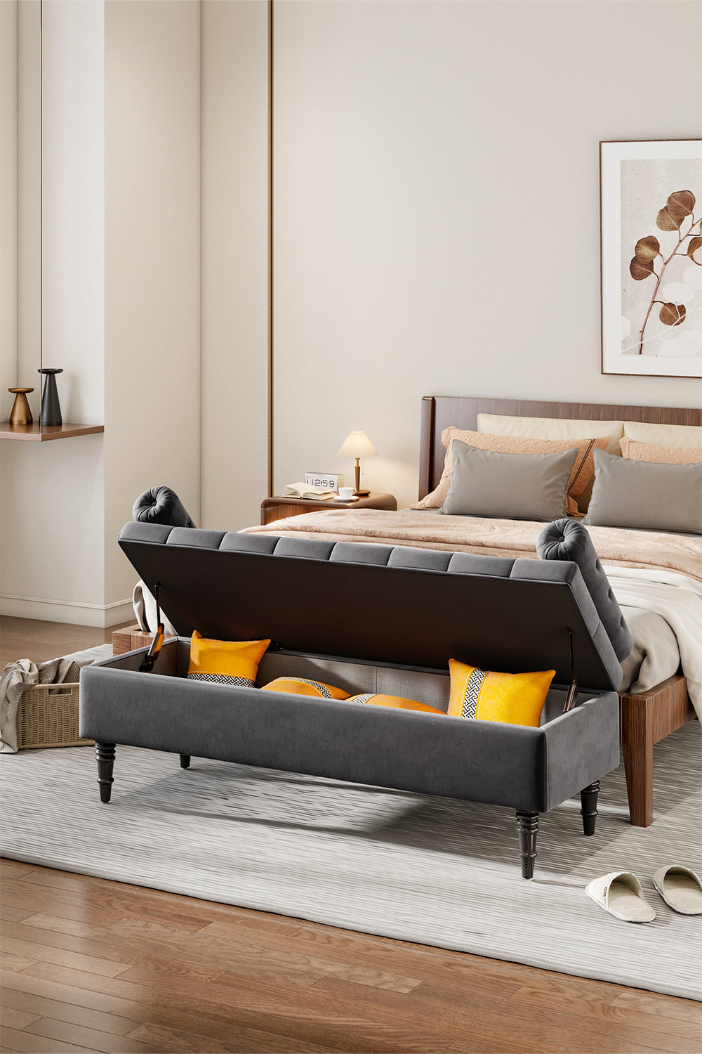 Grey/Beige Flip Top Storage Bench with Side Arms