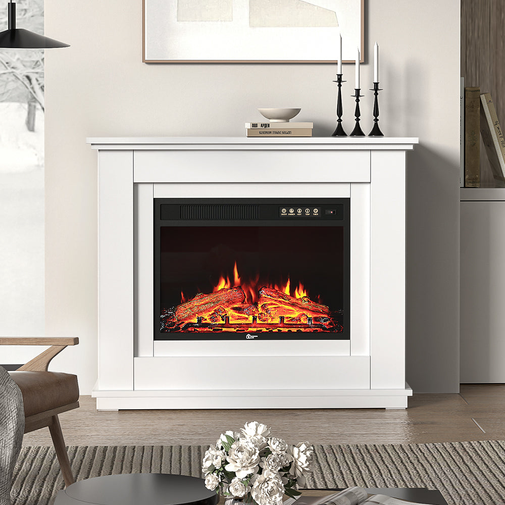 Electric Fireplace with White Wooden Mantel