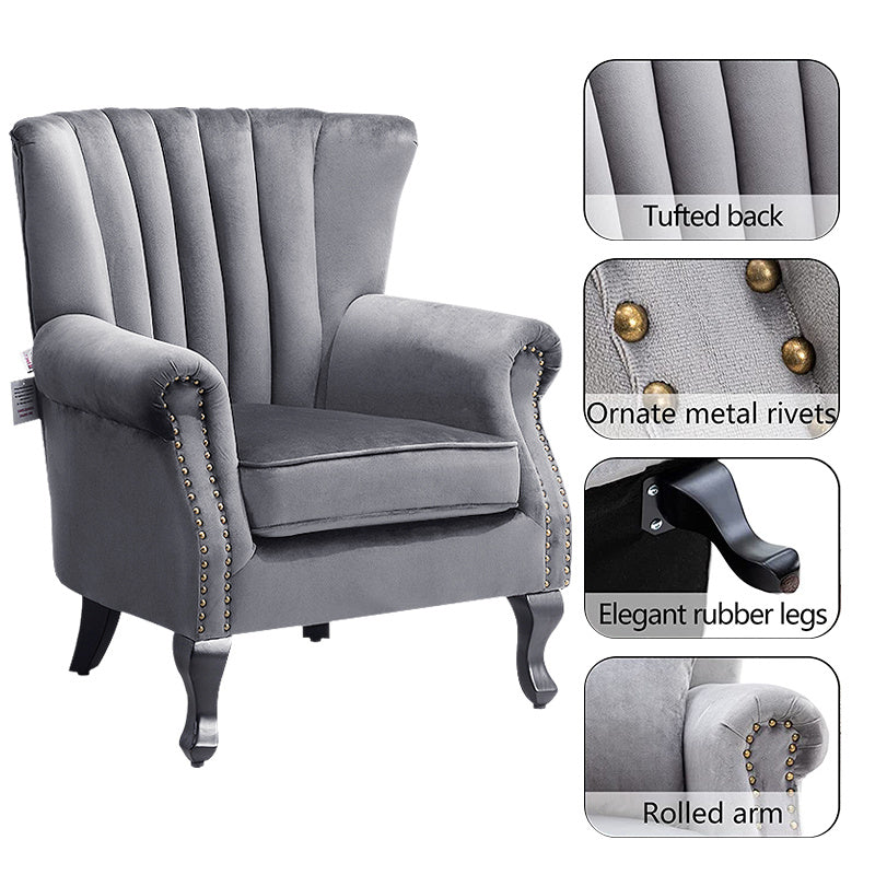 Green/Grey Velvet Channel Occasional Armchair Sofa Chair