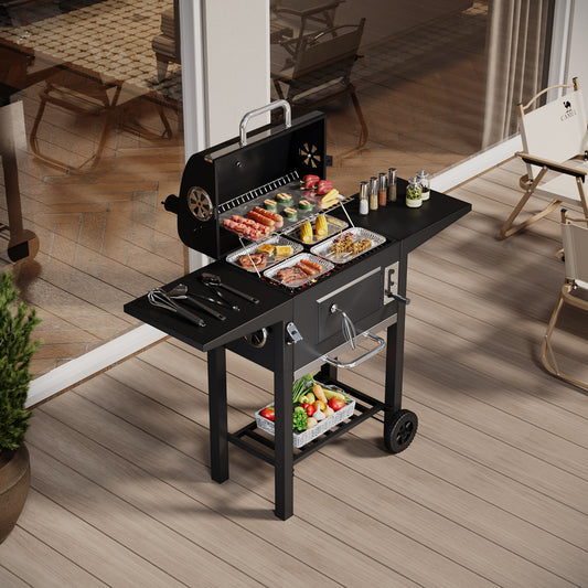 Black Outdoor Charcoal Grill with Smoke Stack