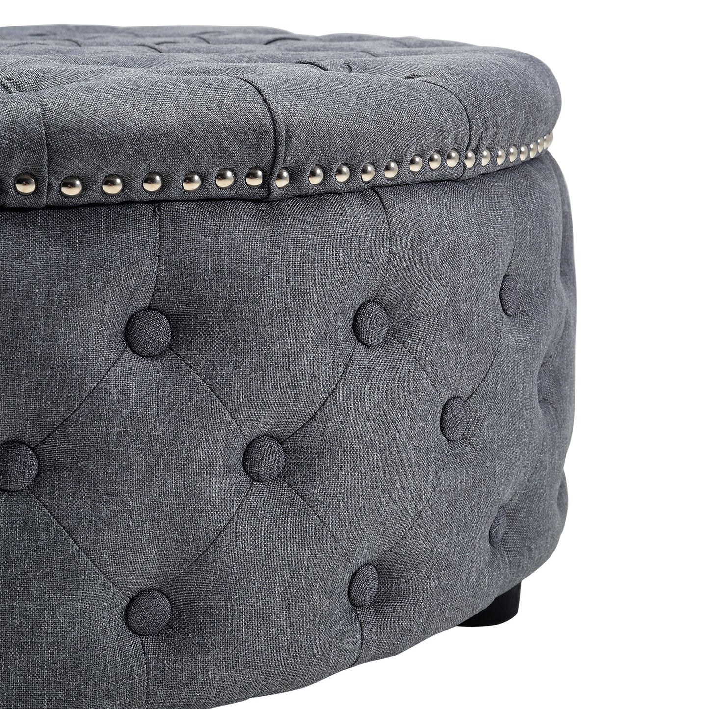 Round Linen Deep Buttoned Ottoman with Studded Edge Footstool