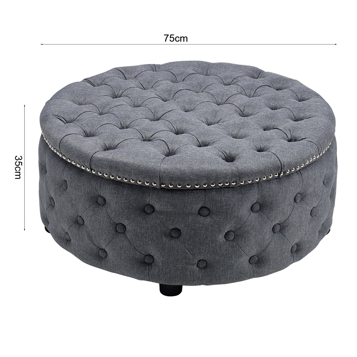 Round Linen Deep Buttoned Ottoman with Studded Edge Footstool