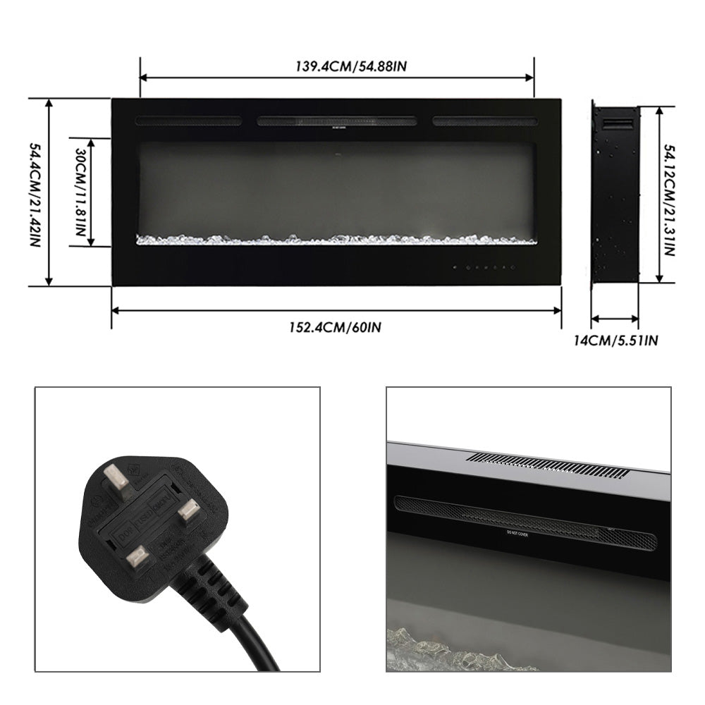 60 Inch Recessed & Wall Mounted Electric Fireplace with Remote