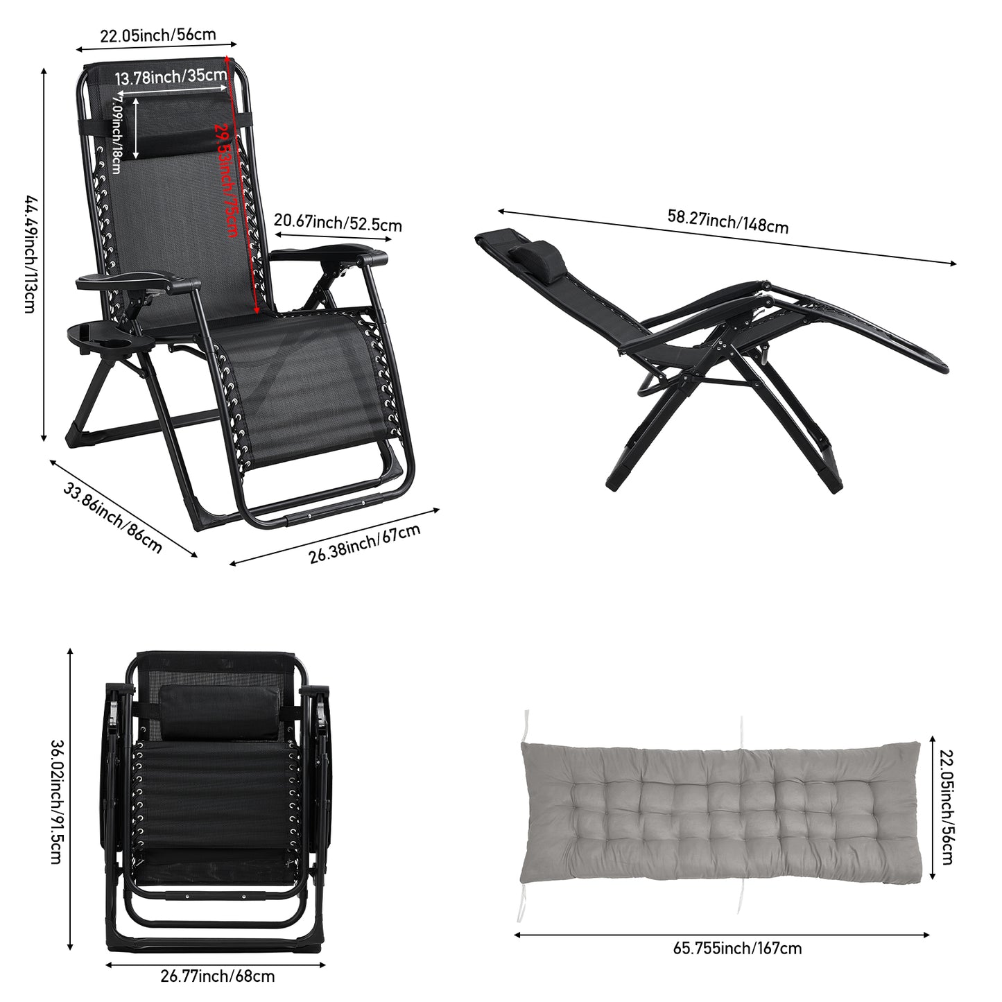 Zero Gravity Outdoor Recliner with Seat Cushion & Headrest