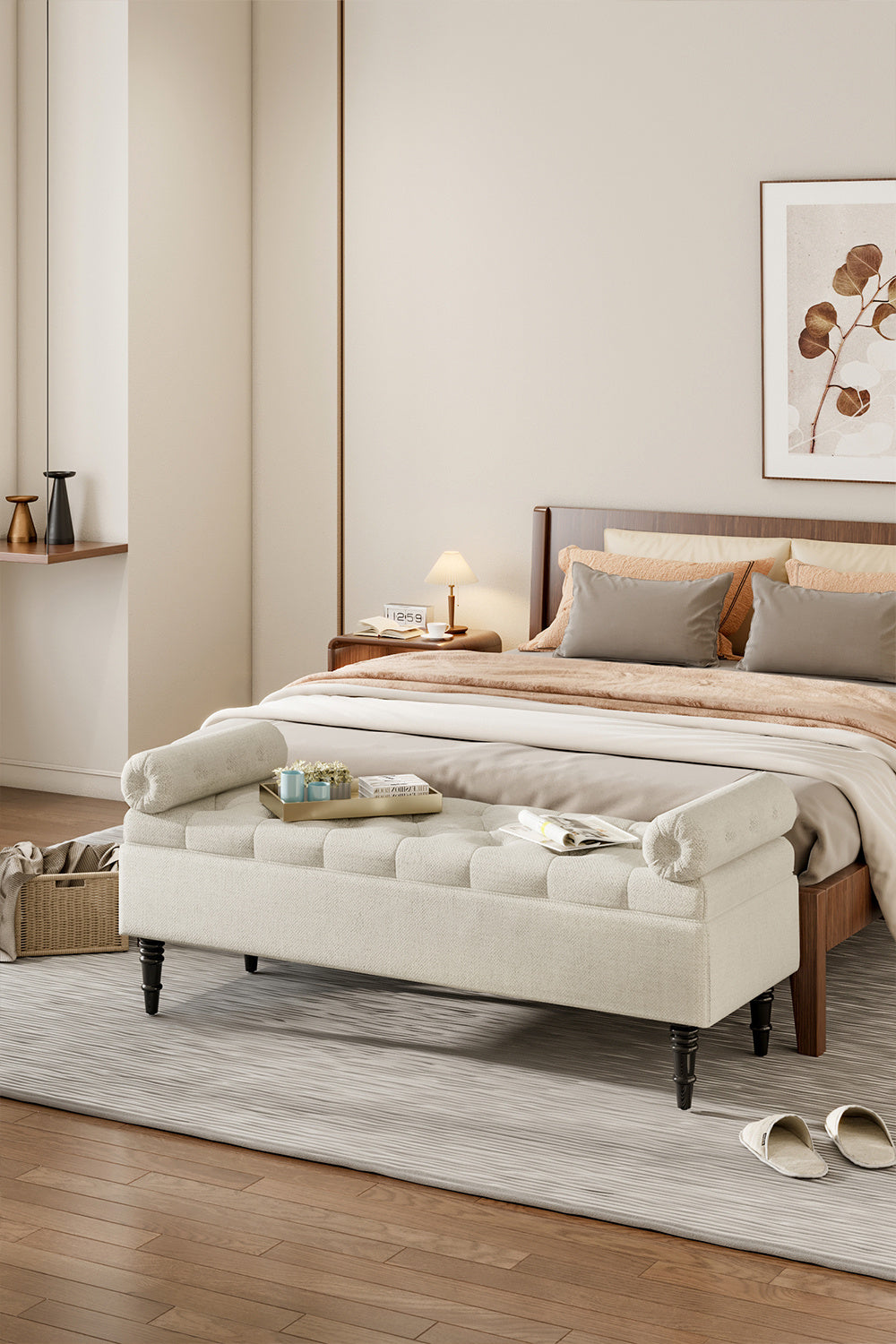Grey/Beige Flip Top Storage Bench with Side Arms