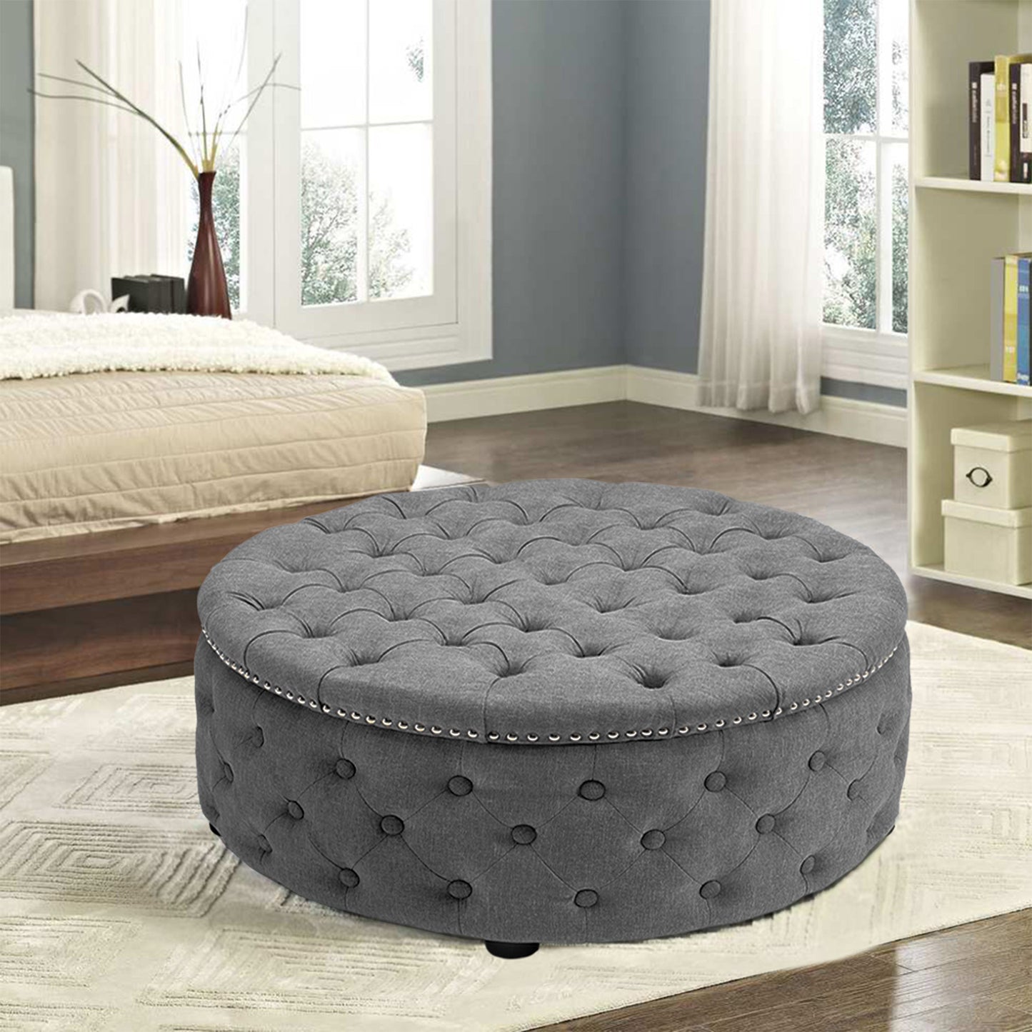 Round Linen Deep Buttoned Ottoman with Studded Edge Footstool