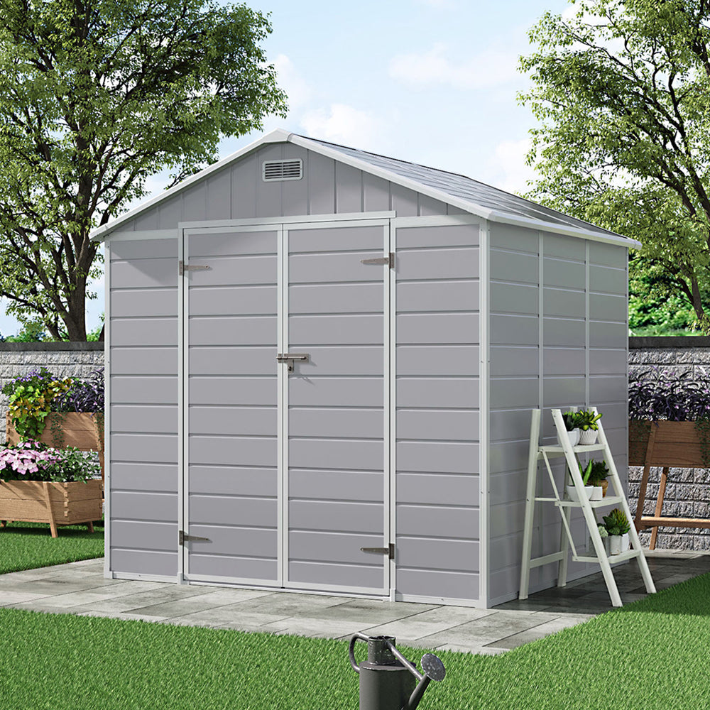 8x6ft Outdoor Apex Roof Plastic Tool Shed with Dual-door
