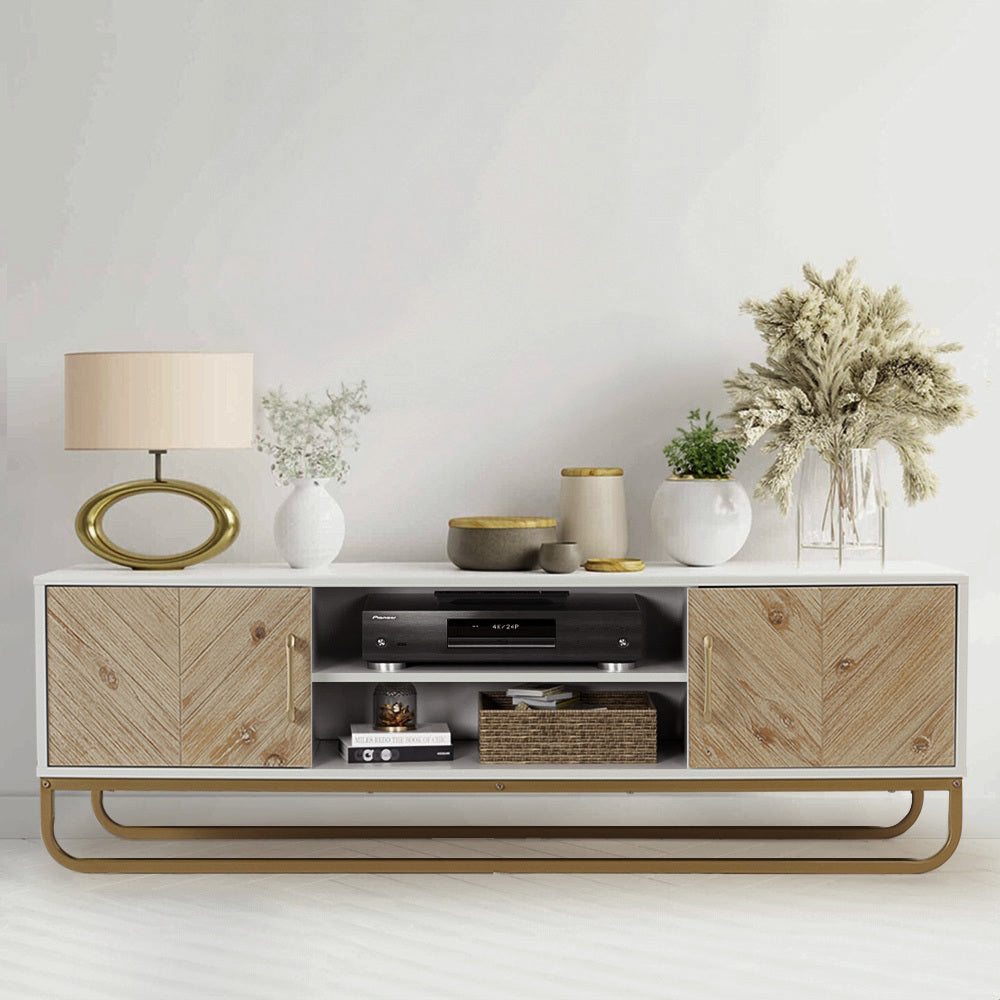 Modern Wooden TV Stand with Open Shelves and Cabinets