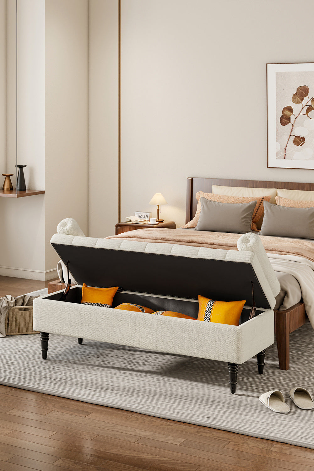 Grey/Beige Flip Top Storage Bench with Side Arms