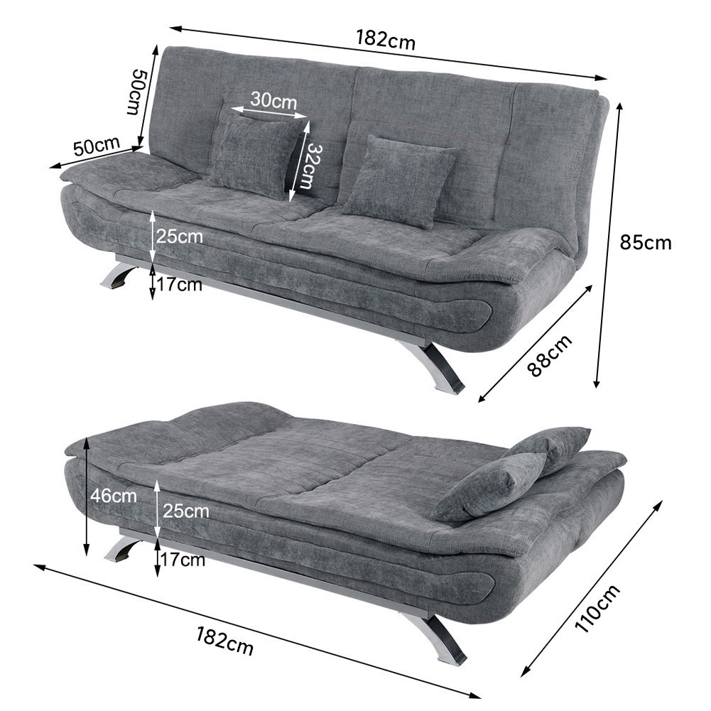 190cm Wide Grey 3 Seater Sofa Linen Convertible Sofa Bed with 2 Pillows