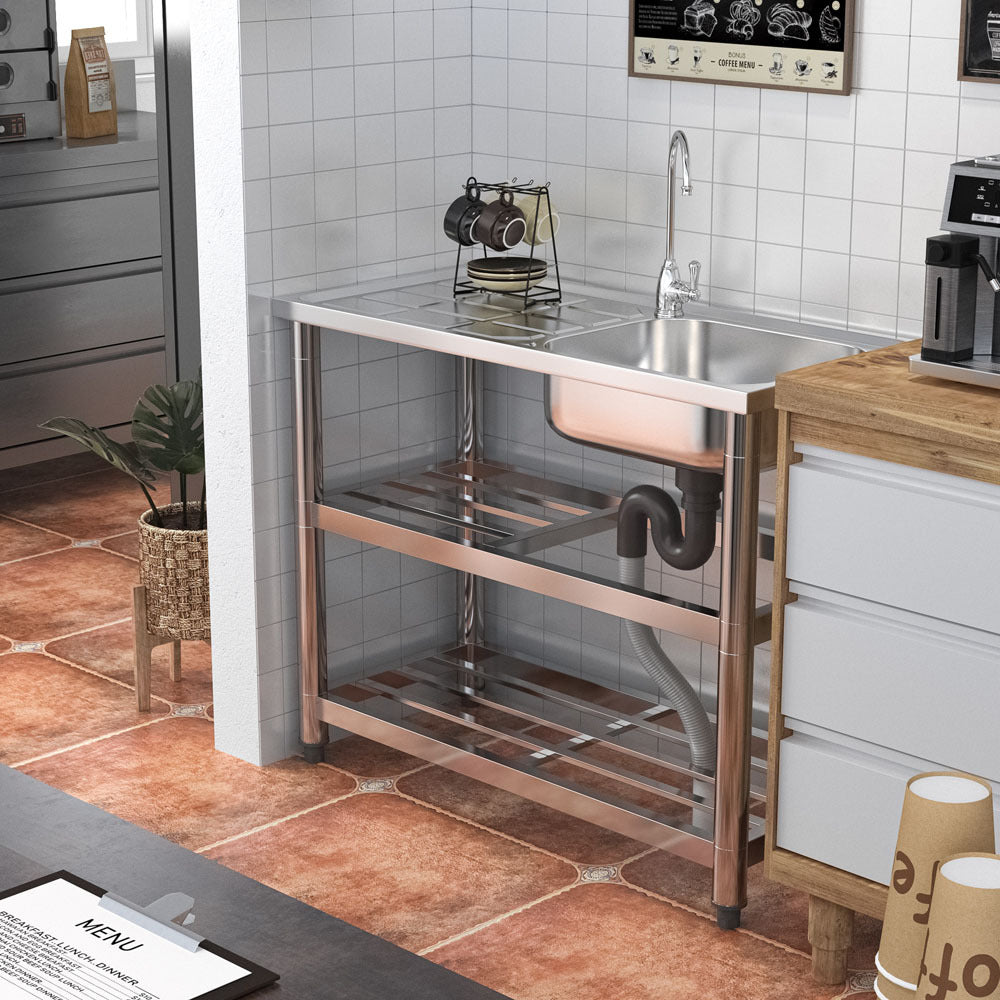 Stainless Steel One Compartment Sink with Drainboard and Shelf