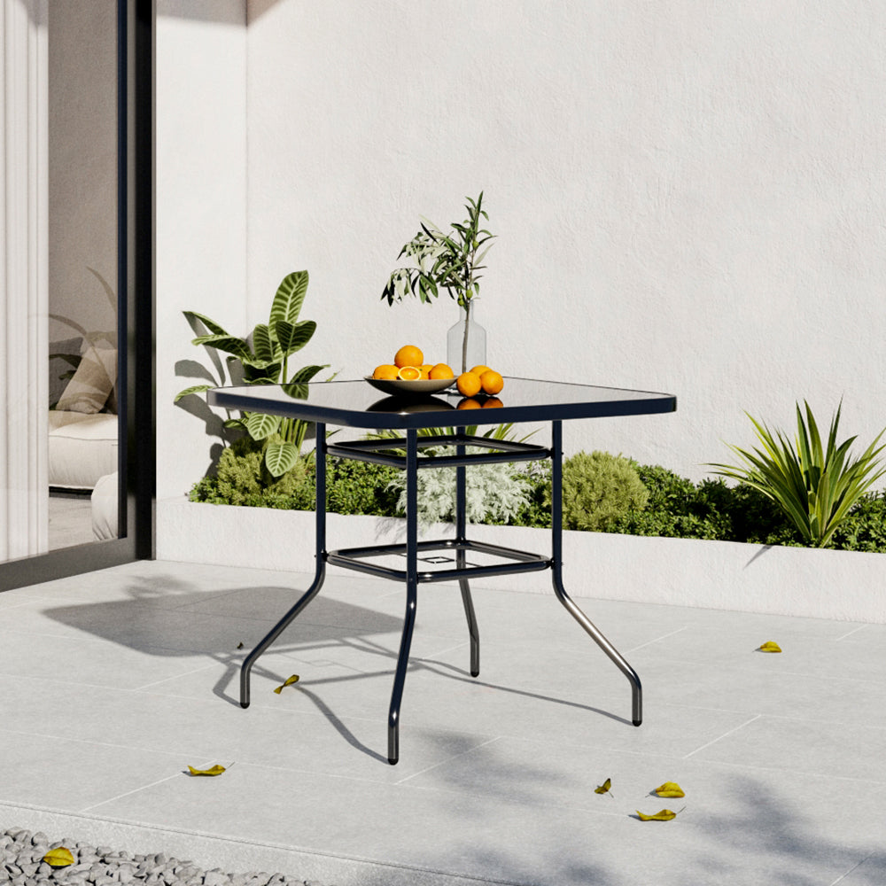 Metal Square Outdoor Dining Table with Tempered Glass Top