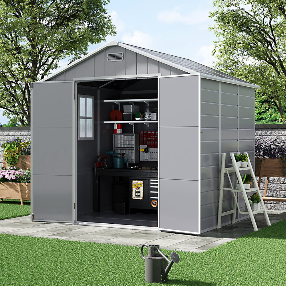 8x6ft Outdoor Apex Roof Plastic Tool Shed with Dual-door