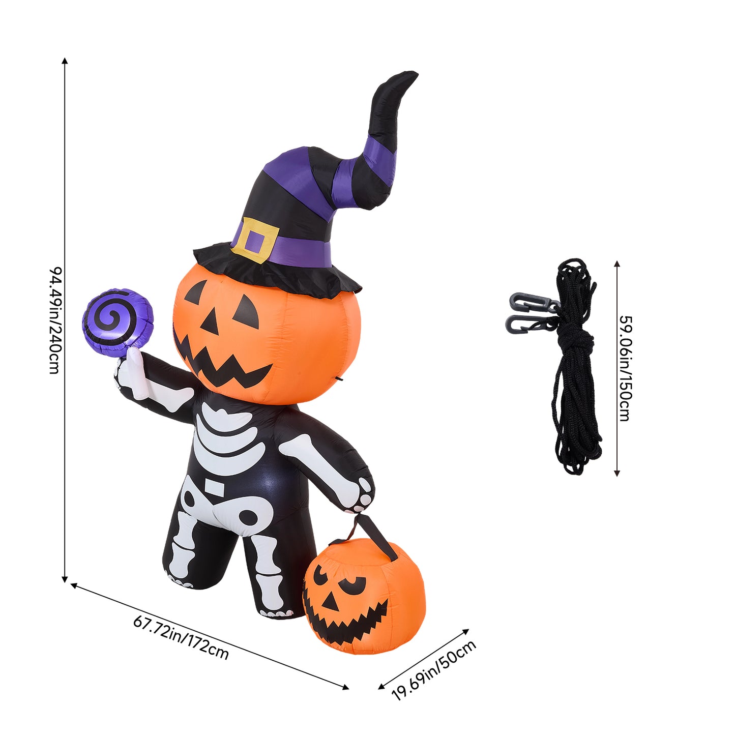 8FT Halloween Inflatable Pumpkin-Headed Skeleton Decoration with Built-in Lights