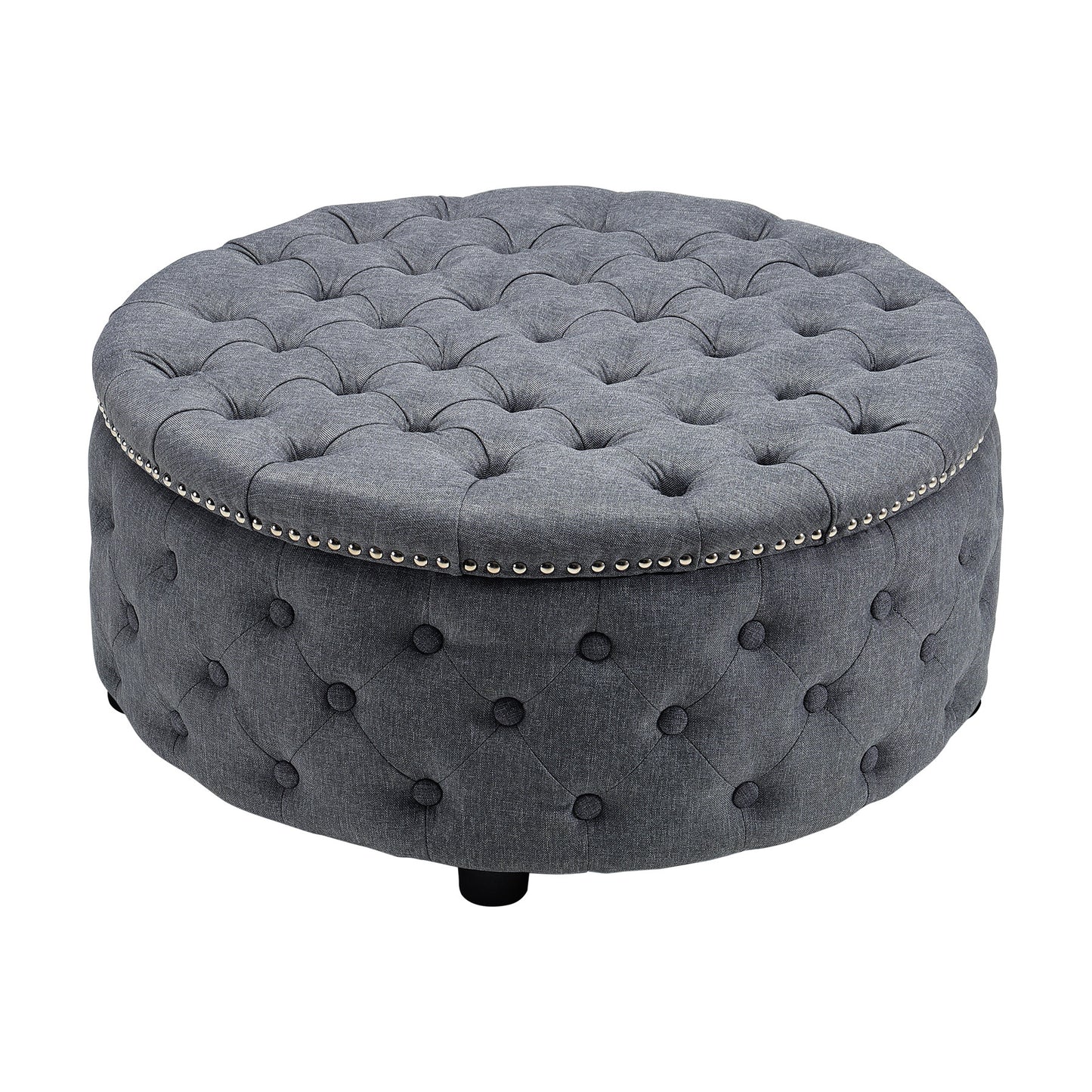Round Linen Deep Buttoned Ottoman with Studded Edge Footstool