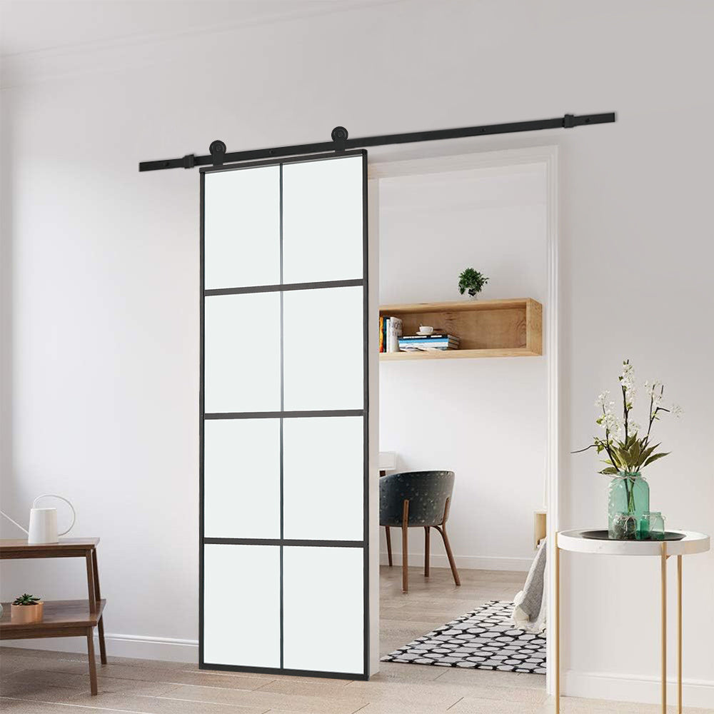 Clear and Smooth Glass Black Barn Door with Sliding Hardware Kit