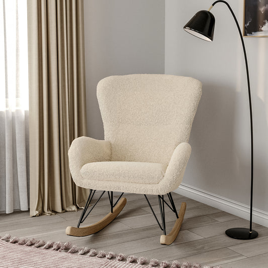 Contemporary Faux Wool Rocking Beige Chair with Removable Cushion