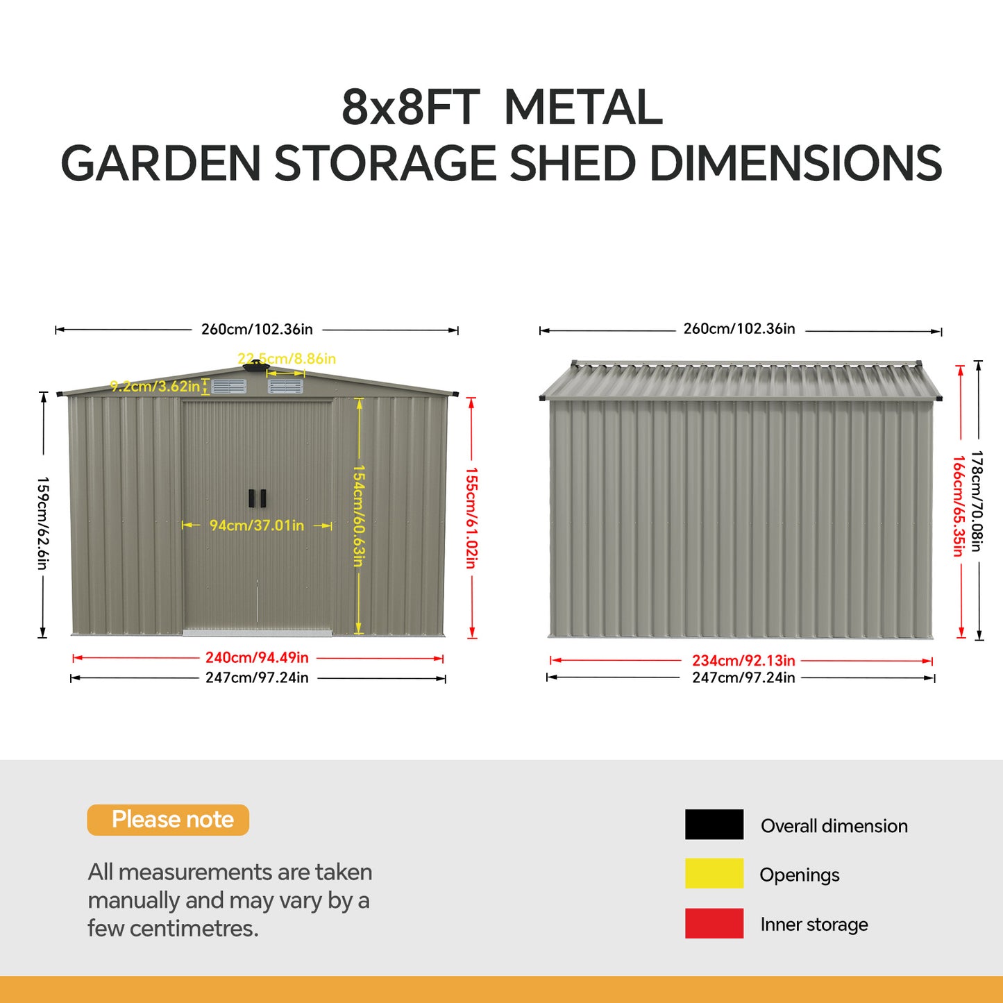 8x8FT Apex Roof Metal Garden Storage Shed with Sliding Door