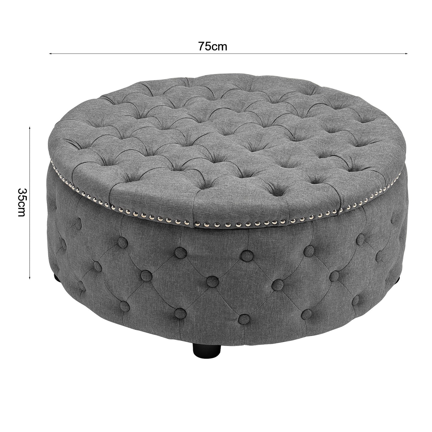 Round Linen Deep Buttoned Ottoman with Studded Edge Footstool