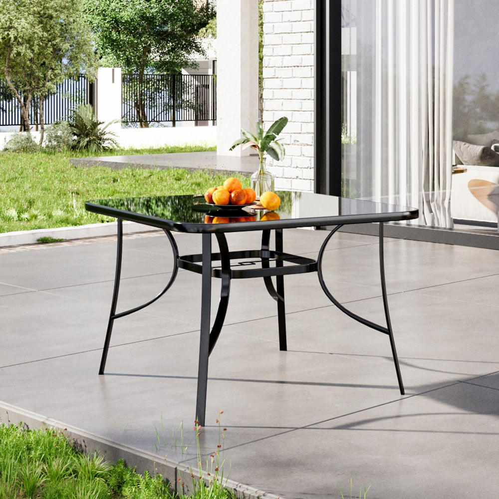 Metal Square Outdoor Dining Table with Tempered Glass Top