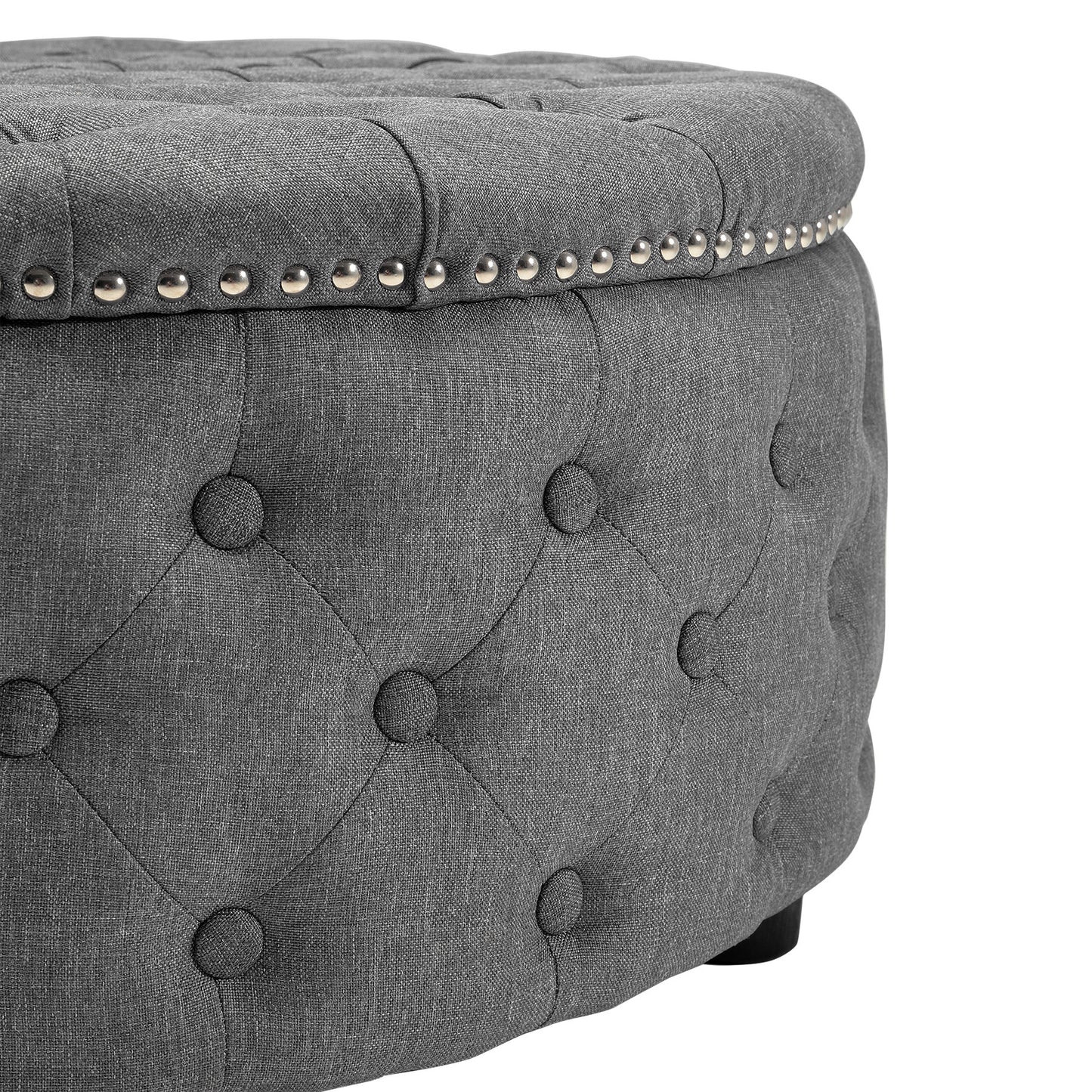 Round Linen Deep Buttoned Ottoman with Studded Edge Footstool