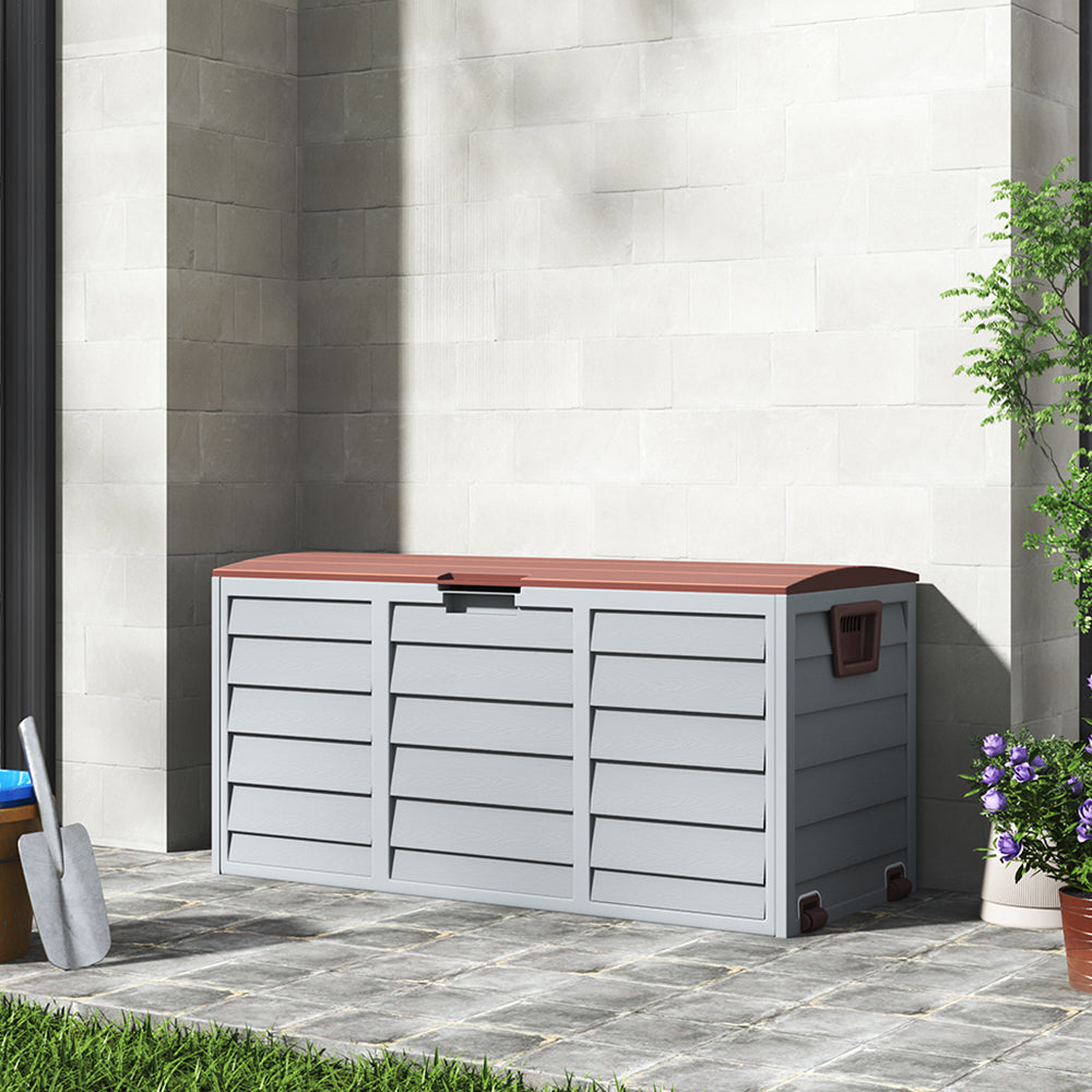 290L Plastic Lockable Grey Garden Storage Box with Brown Cover