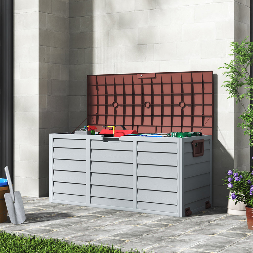 290L Plastic Lockable Grey Garden Storage Box with Brown Cover