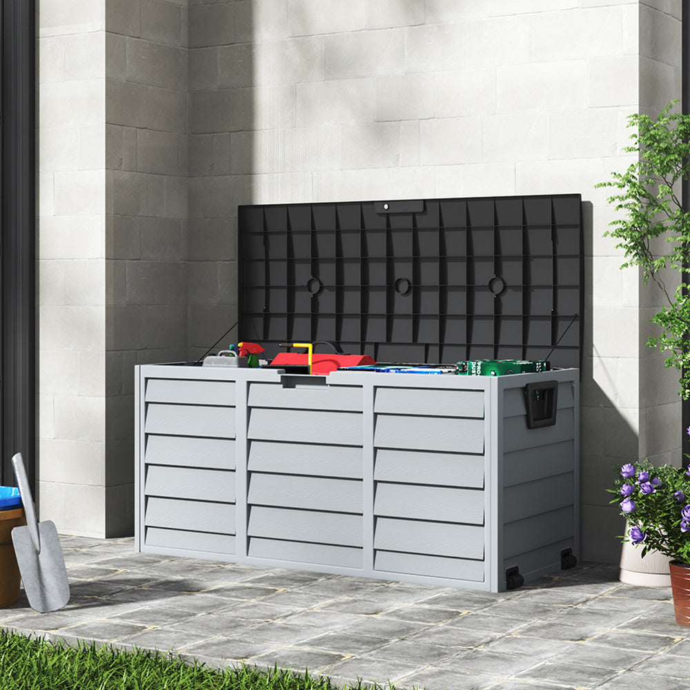 290L Plastic Lockable Grey Garden Storage Box with Black Cover