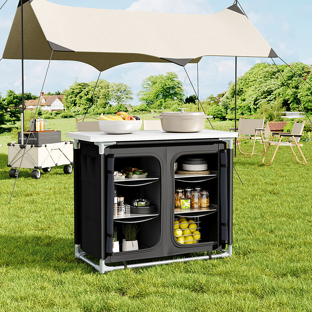 Black/Grey Portable Camping Kitchen Table Cabinet Storage