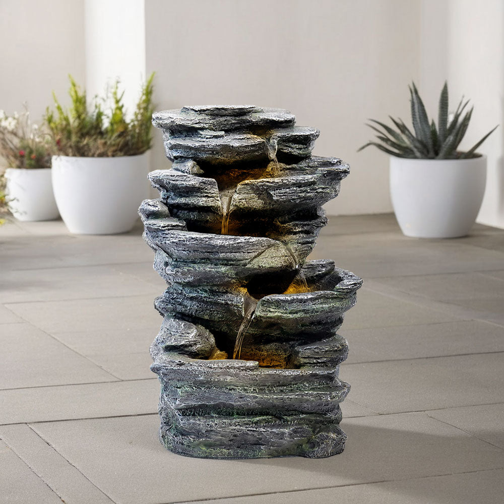 Solar Powered Garden Cascading Water Fountain with LED Lights Rockery Decorated