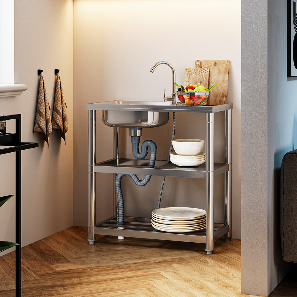 Stainless Steel One Compartment Sink with Shelves and Drainboard