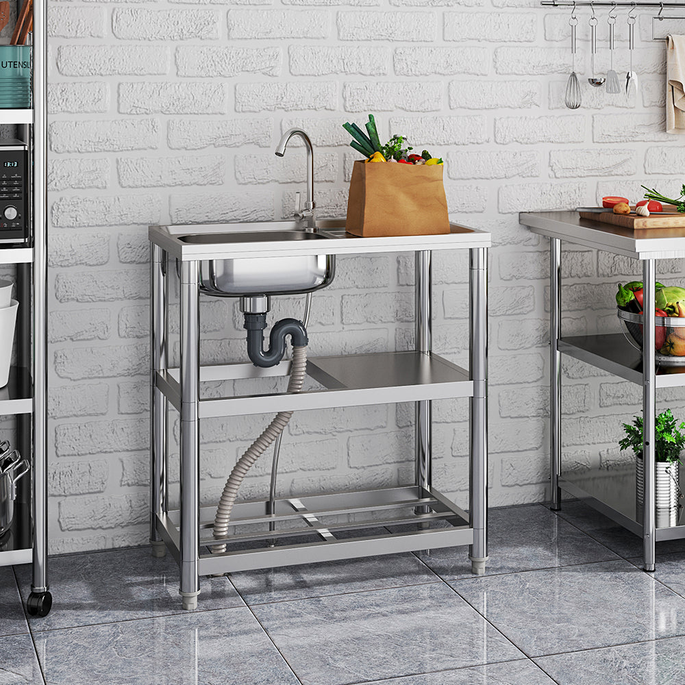 Stainless Steel One Compartment Sink with Shelves and Drainboard