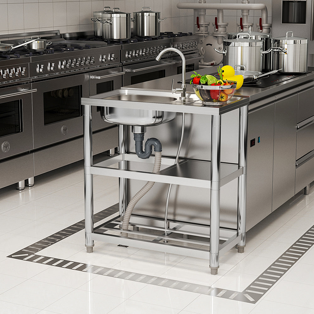 Stainless Steel One Compartment Sink with Shelves and Drainboard