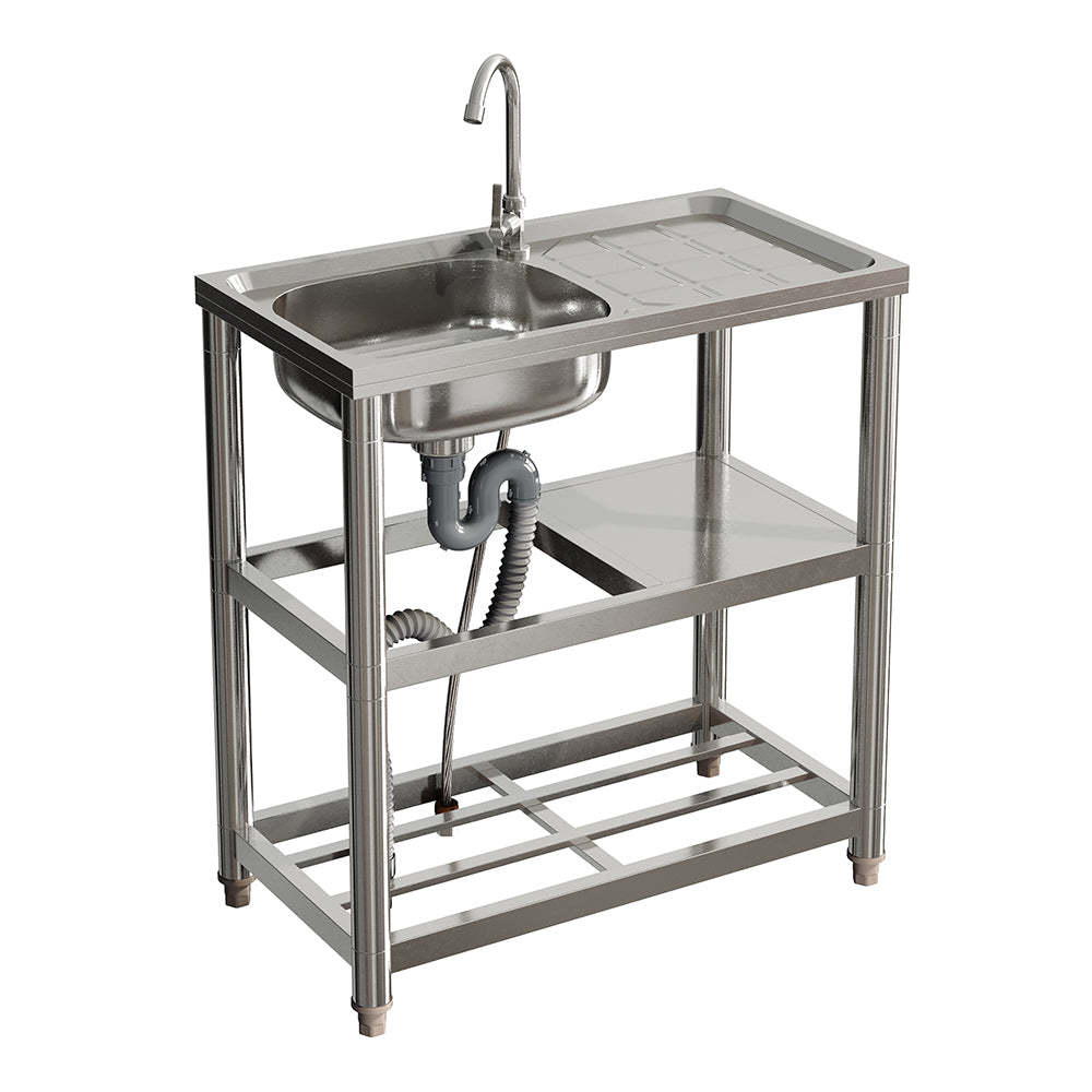 Stainless Steel One Compartment Sink with Shelves and Drainboard