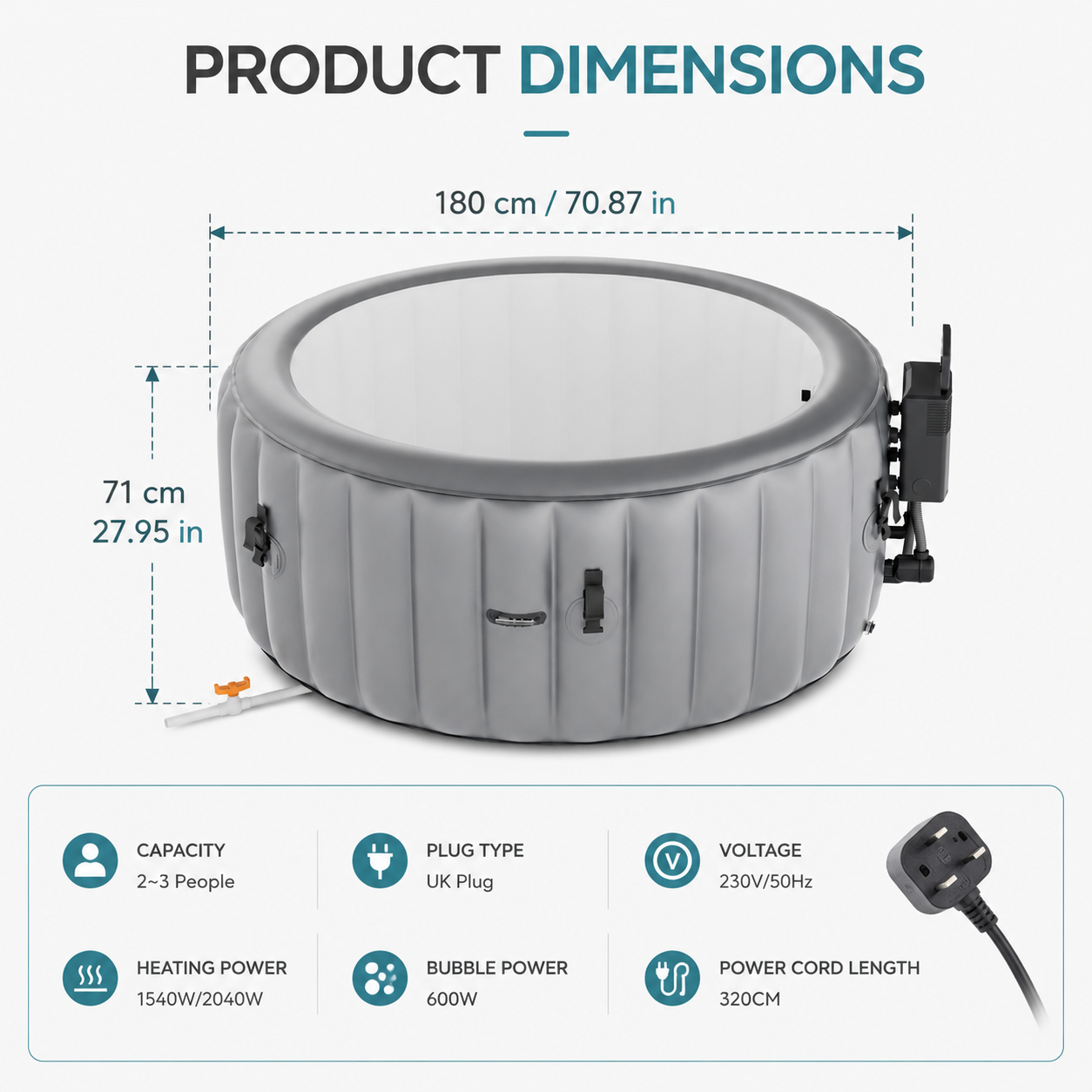 180cm x 71cm Grey Inflatable Hot Tub with Bubble Massage