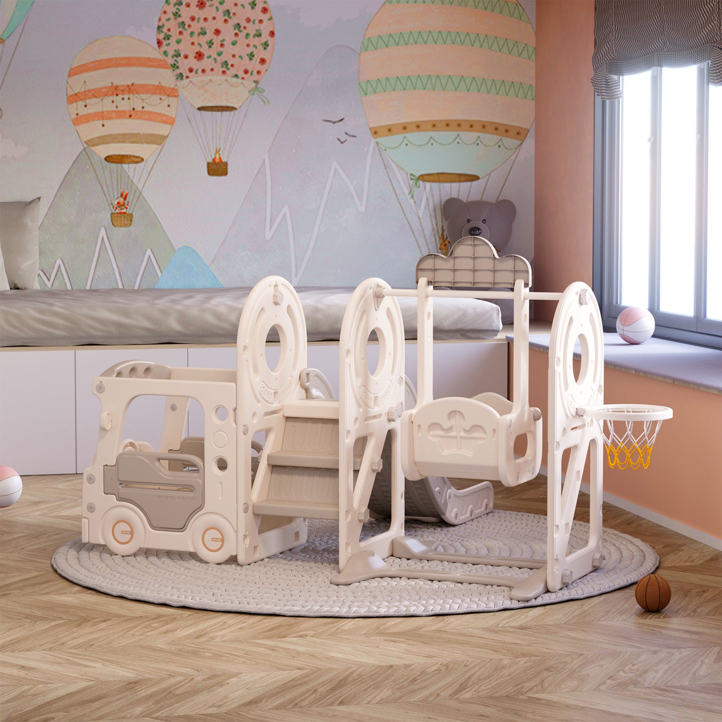 Kids Playset with Slide Basket Hoop Toddler Playground