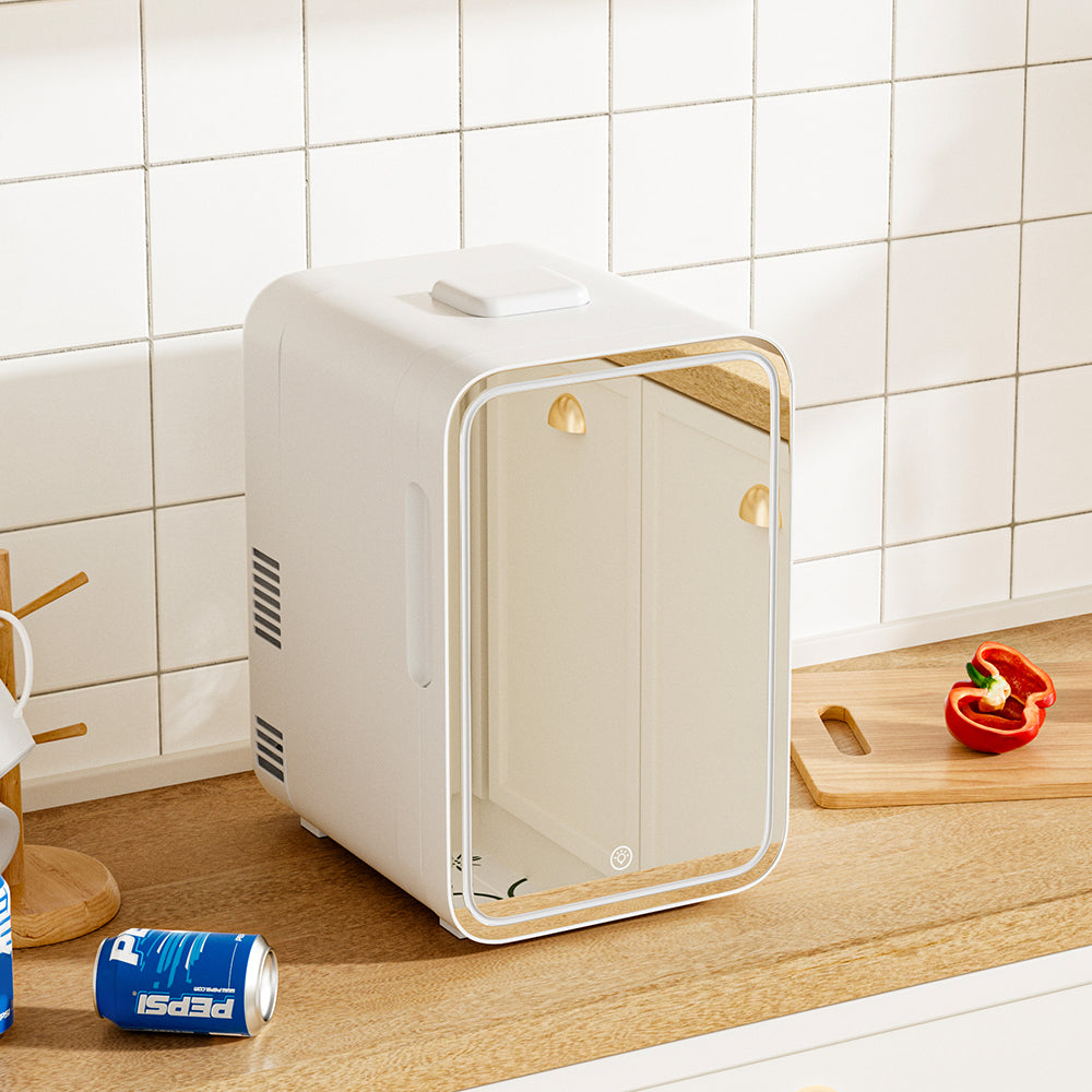 White 12L Mini Fridge with LED Mirror Door