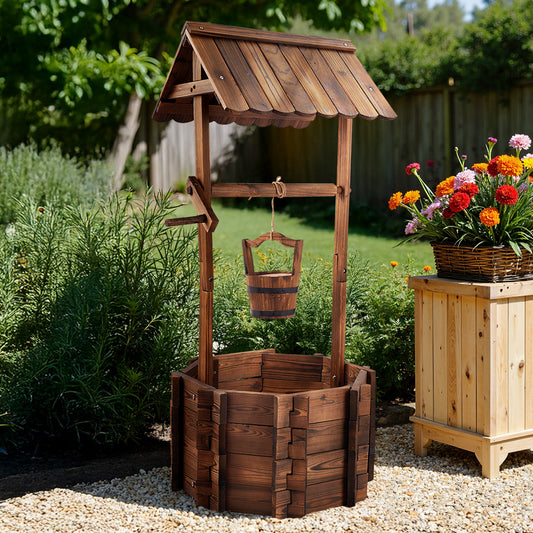 Rustic Wooden Wishing Well Planter Gardening Decor