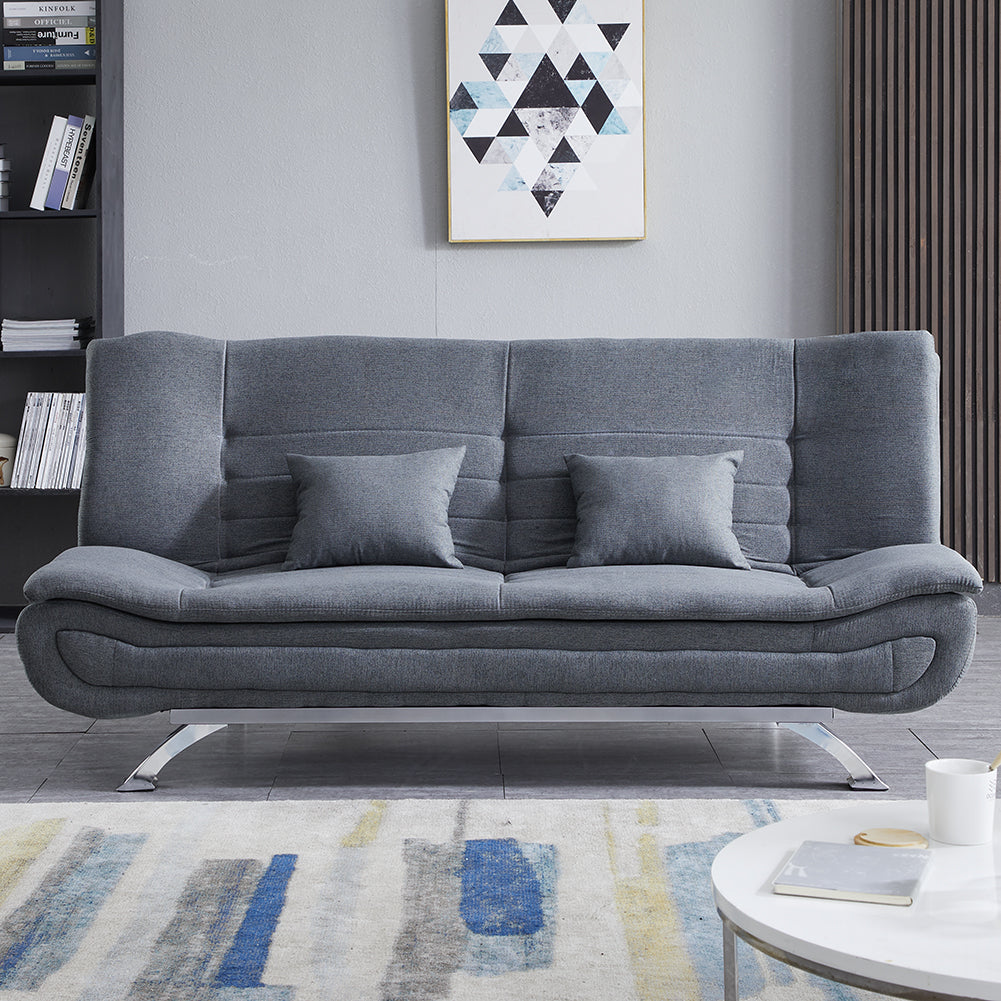 190cm Wide Grey 3 Seater Sofa Linen Convertible Sofa Bed with 2 Pillows