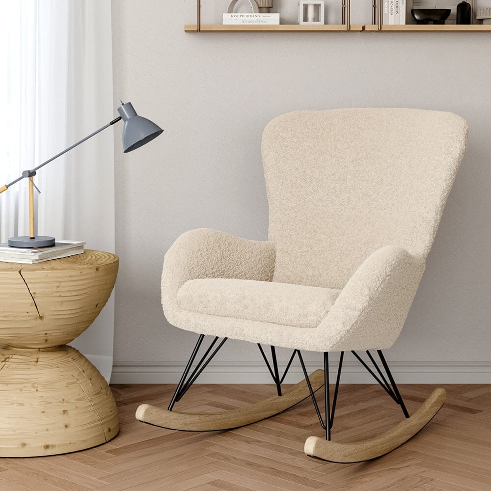 Contemporary Faux Wool Rocking Beige Chair with Removable Cushion
