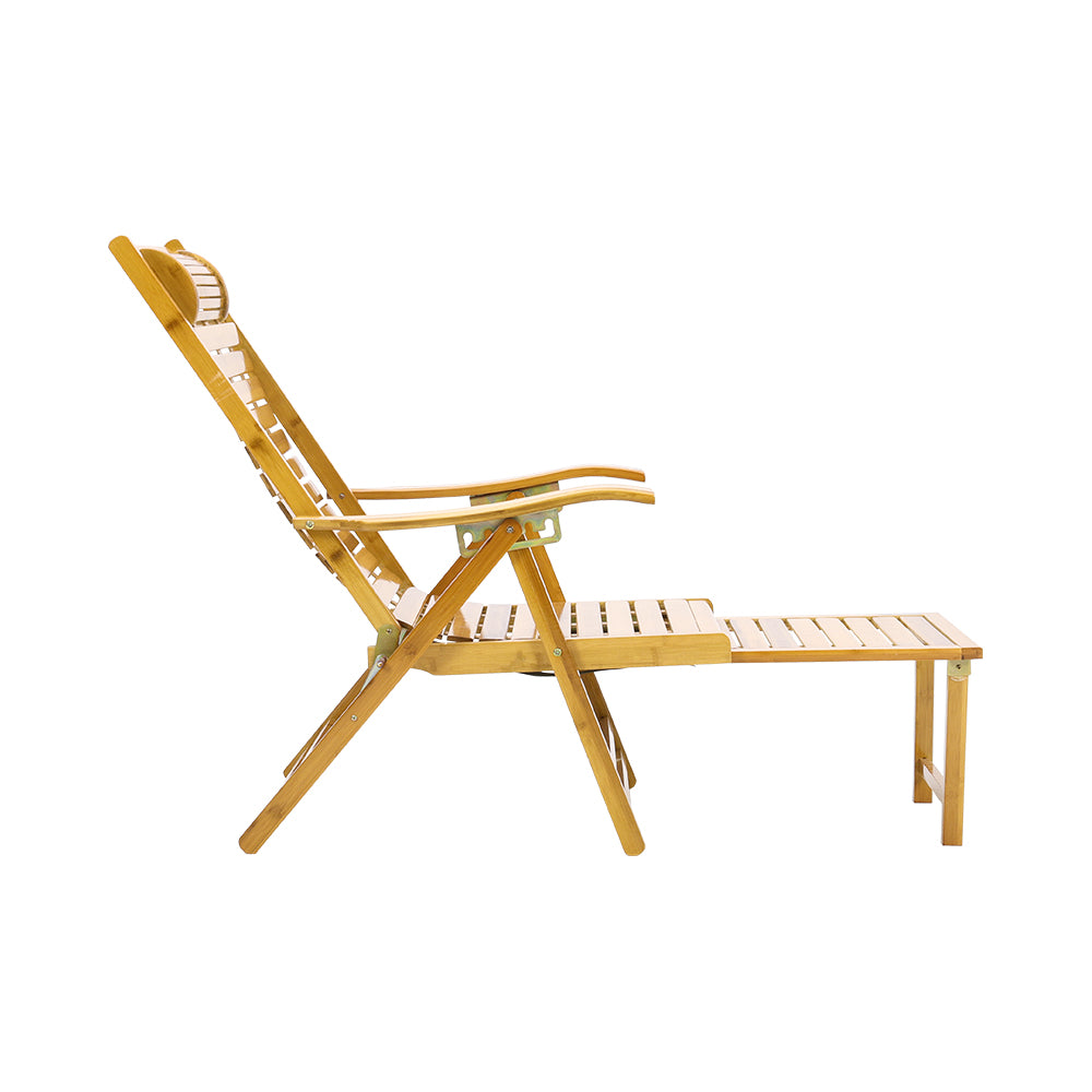 Garden Bamboo Wood Foldable Recliner Lounge Chair with Retractable Footrest