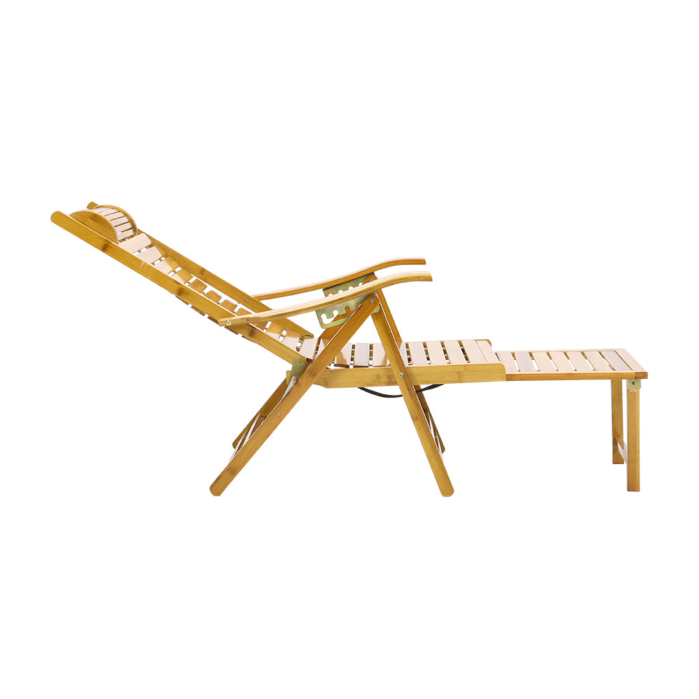 Garden Bamboo Wood Foldable Recliner Lounge Chair with Retractable Footrest