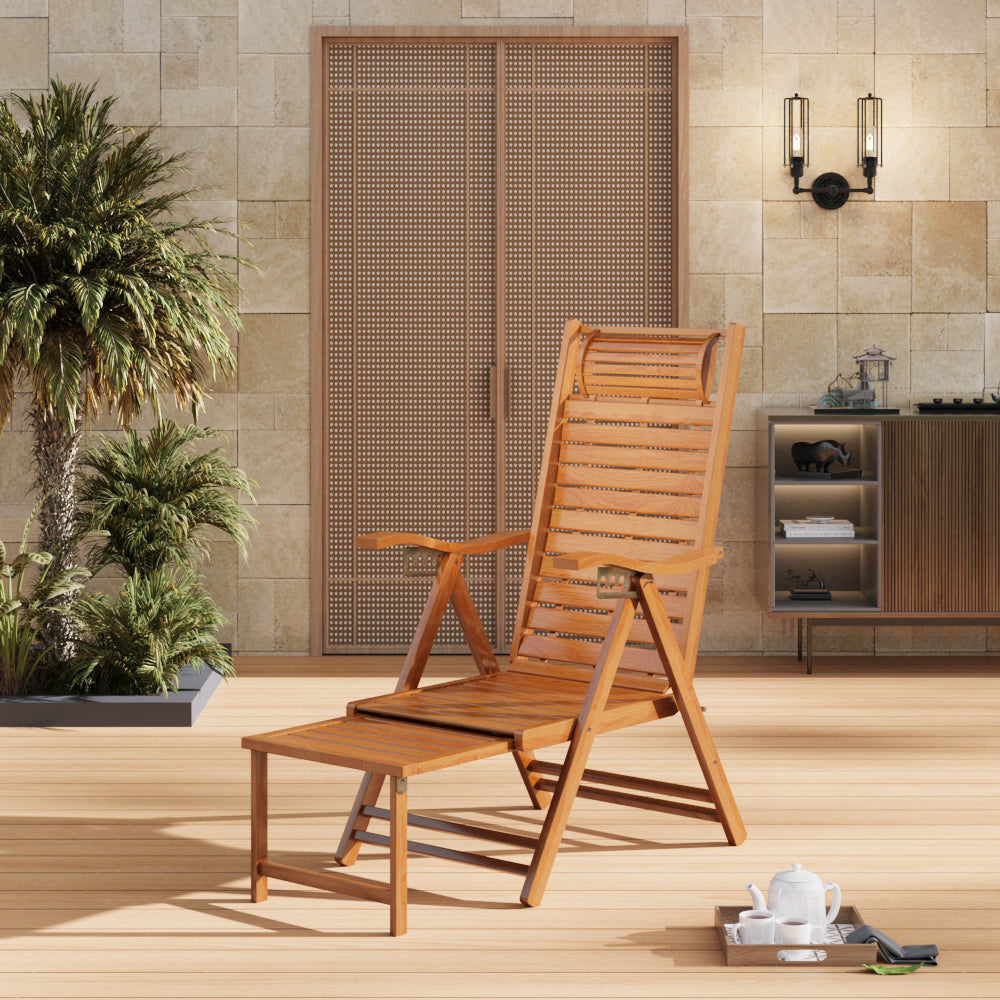Bamboo Foldable Recliner Lounge Chair with Retractable Footrest