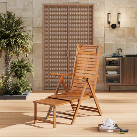Bamboo Foldable Recliner Lounge Chair with Retractable Footrest