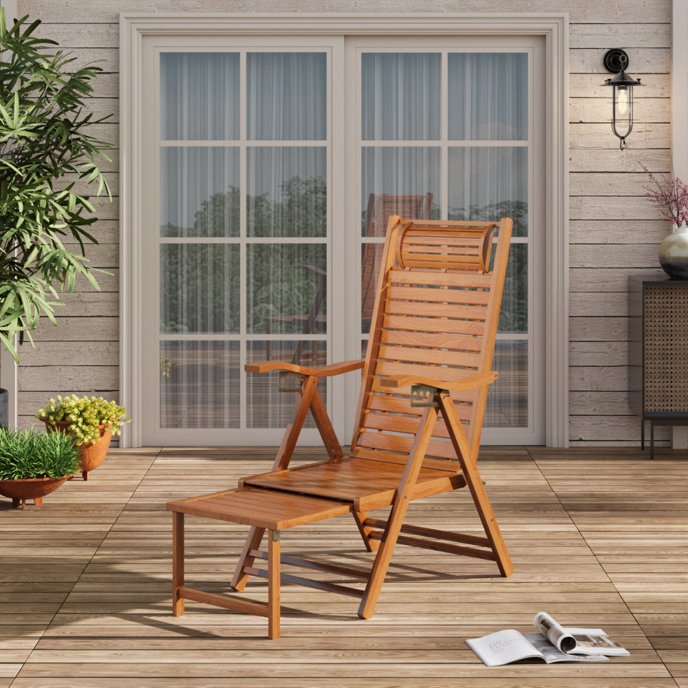 Bamboo Foldable Recliner Lounge Chair with Retractable Footrest