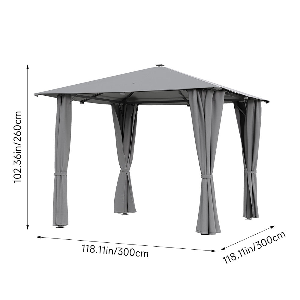 Solar LED Metal Patio Gazebo with Curtains