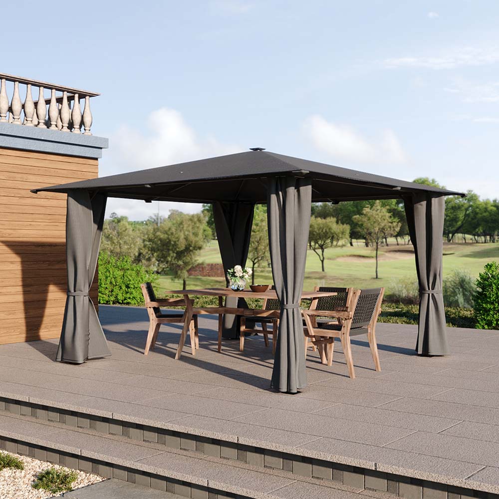 Solar LED Metal Patio Gazebo with Curtains