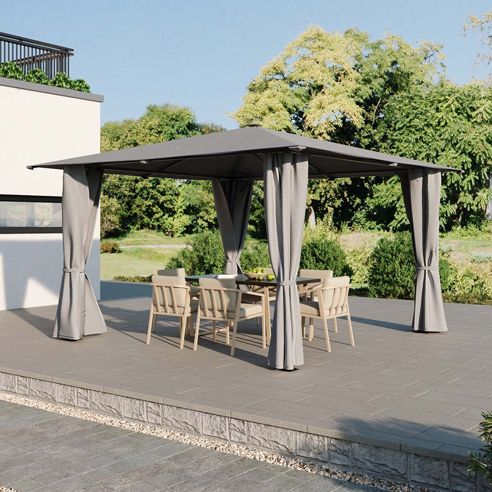 Solar LED Metal Patio Gazebo with Curtains