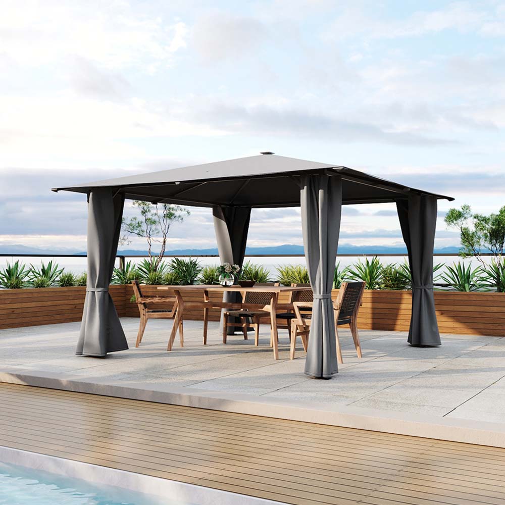 Solar LED Metal Patio Gazebo with Curtains