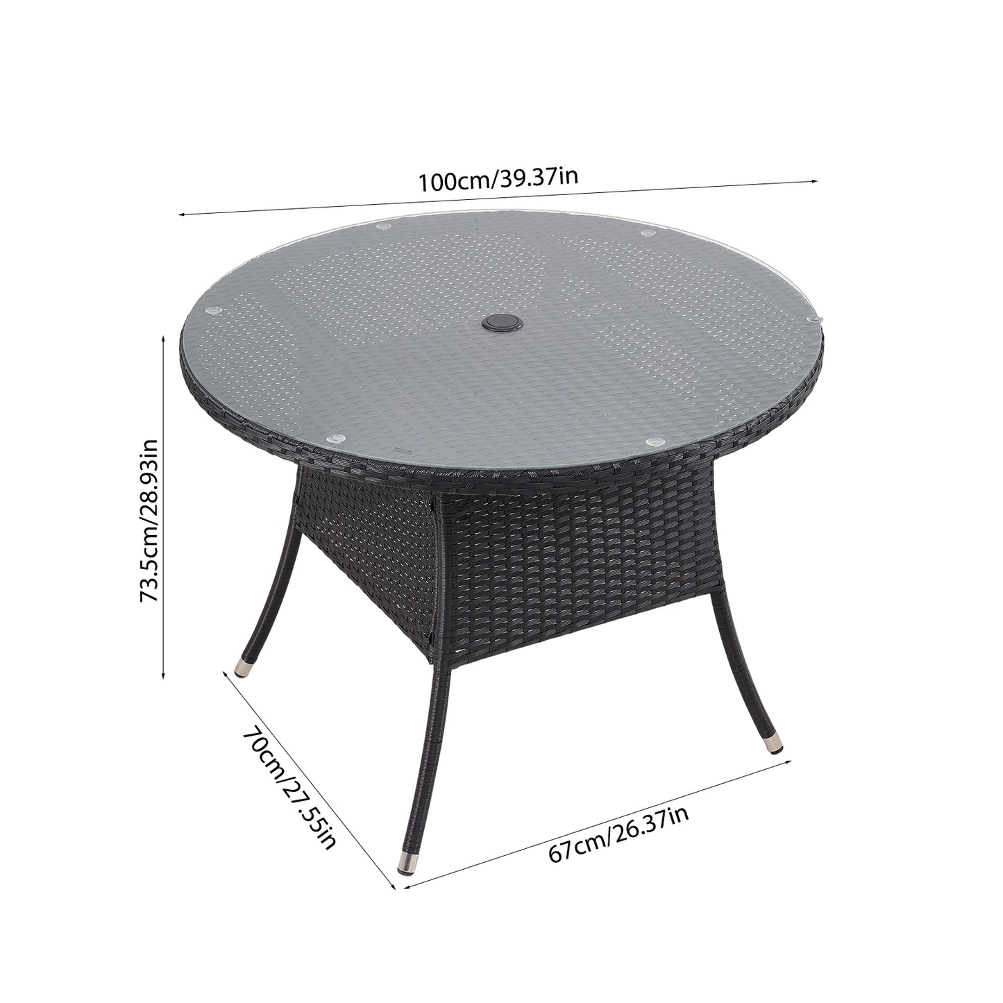 Garden Rattan Tempered Glass Top Round Table with Parasol Hole